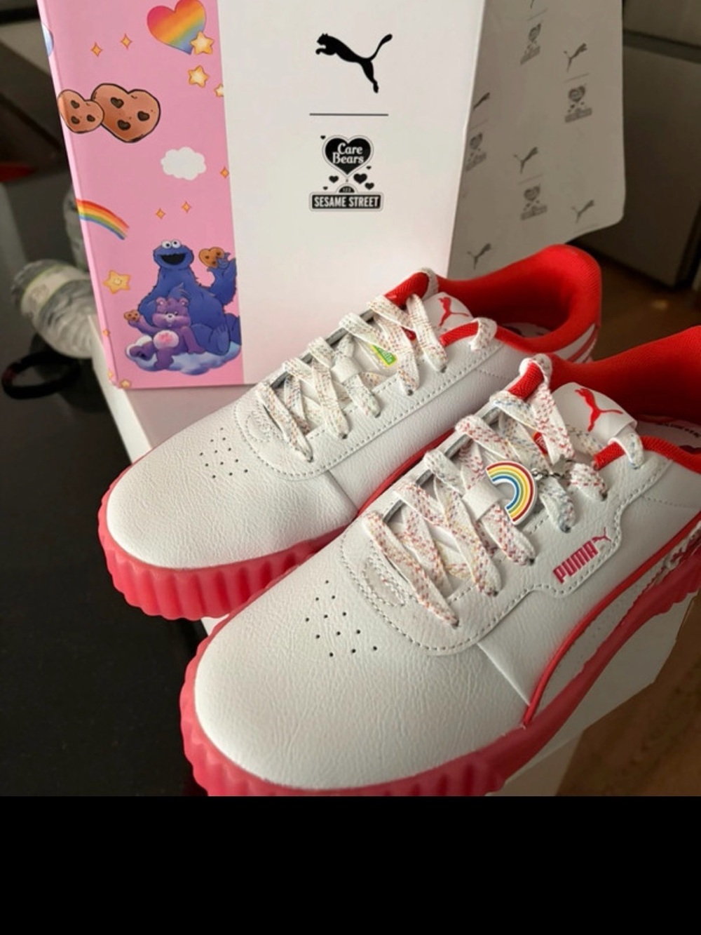 PUMA Kids White Sneakers with Pink Sole and Rainbow Accent